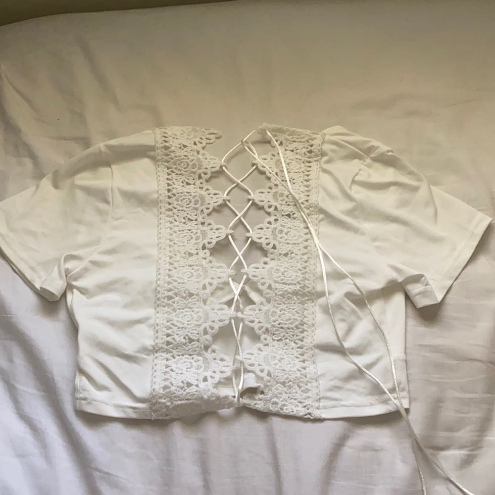 White lace up back Lacey crochet crop top